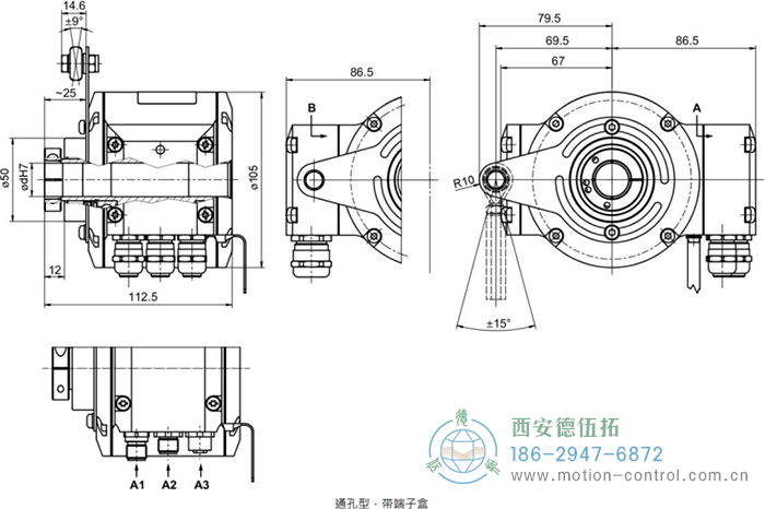 HMG10-T - Profibus DP絕對值重載編碼器外形及安裝尺寸(通孔型) - 西安德伍拓自動(dòng)化傳動(dòng)系統(tǒng)有限公司