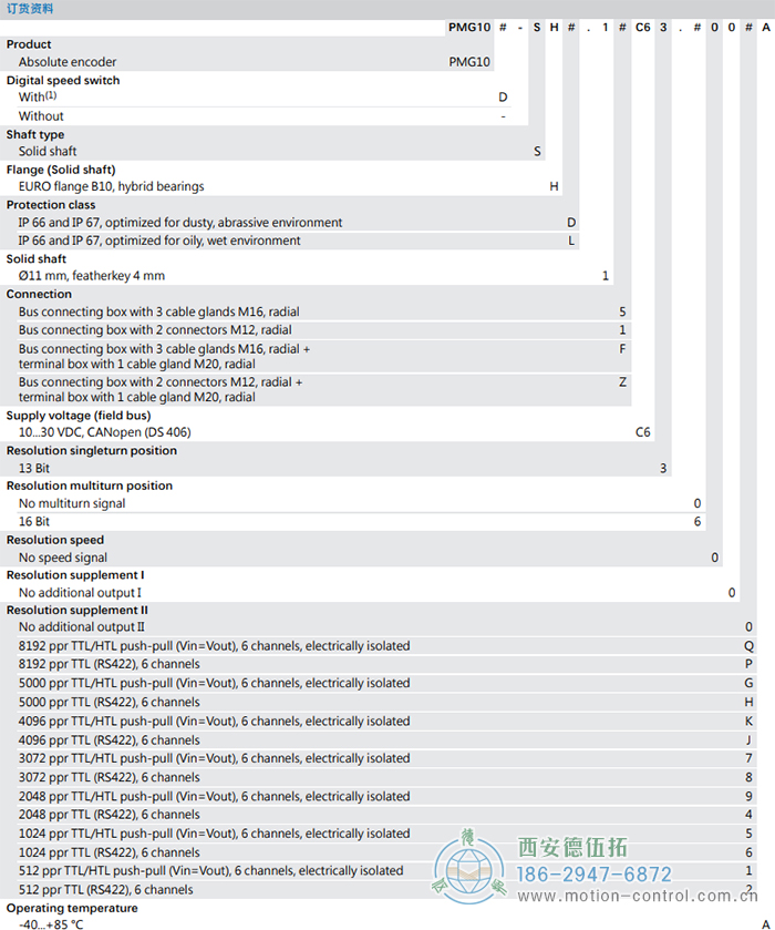 PMG10 - CANopen®絕對值重載編碼器訂貨選型參考(?11 mm實(shí)心軸，帶歐式法蘭B10或外殼支腳) - 西安德伍拓自動(dòng)化傳動(dòng)系統(tǒng)有限公司