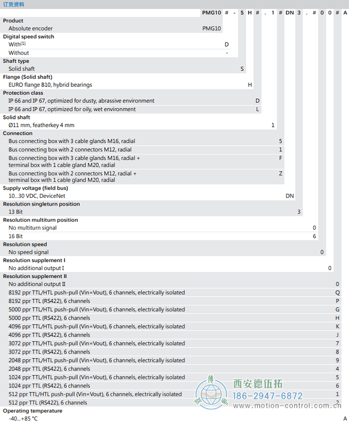 PMG10 - CANopen®絕對值重載編碼器訂貨選型參考(?11 mm實(shí)心軸，帶歐式法蘭B10或外殼支腳 (B3)) - 西安德伍拓自動(dòng)化傳動(dòng)系統(tǒng)有限公司
